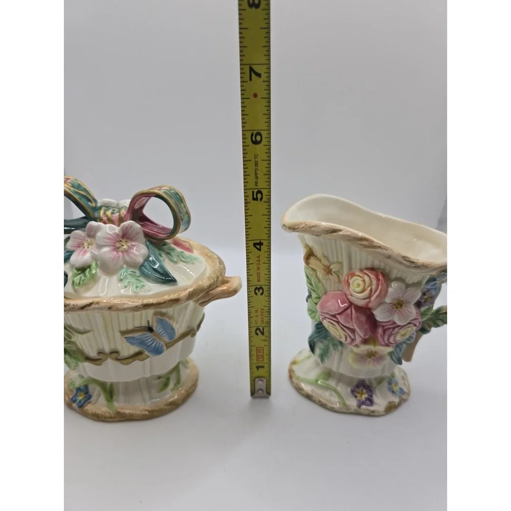 FITZ AND FLOYD Woodland Spring Sugar Bowl & Creamer Set w/lid & spoon